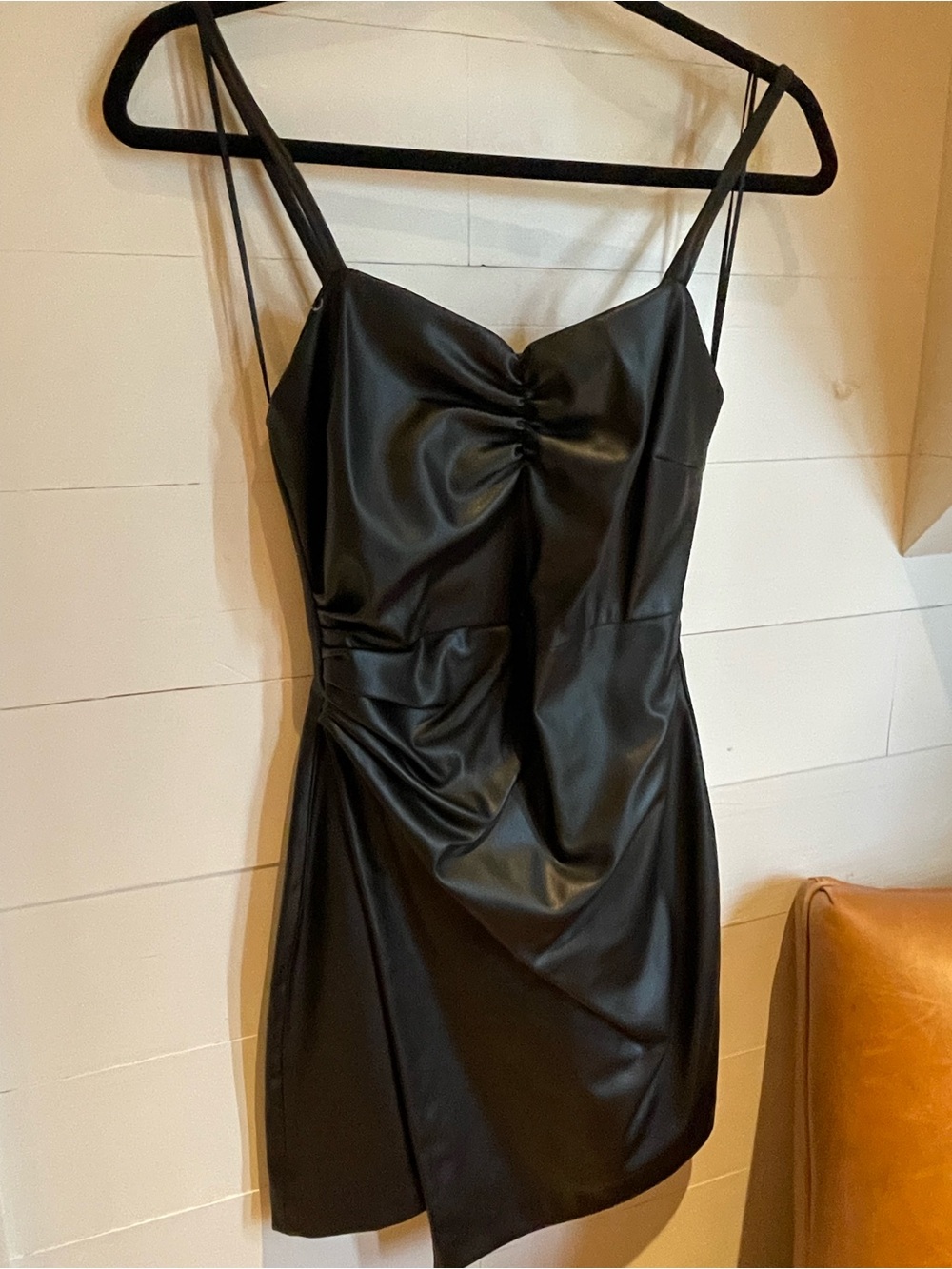 Zara Black Faux Leather Ruched Slip Mini Dress
